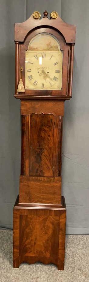 Flame Mahogany tall case clock: Flame mahogany tall case clock made for George l Amsdell a successful brewer in the 19th century in Albany, NY. Clock has a 2 train drive with calendar function and pendulum driven. Good restored cond