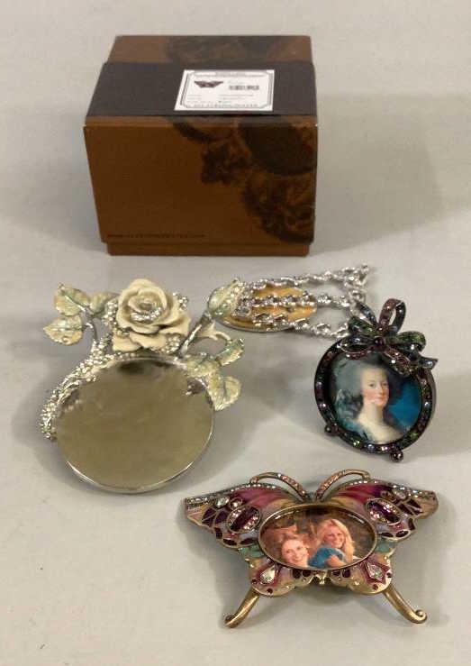 3 Jay Strongwater Frames: Riley Butterfly 2 inch with set Crystals, w/box, 3 inch round frame set stones, 5 inch rose frame set with crystals ( missing an arm or easel back..