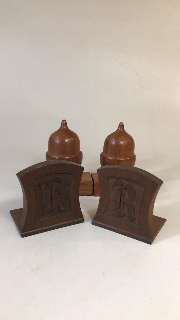 2 Pair Bookends: 5.5 x 5 inch Pair hand carved Arts and Crafts style, initials, stamped for Biltmore Industry, Asheville NC, pair 8 inch acorns,