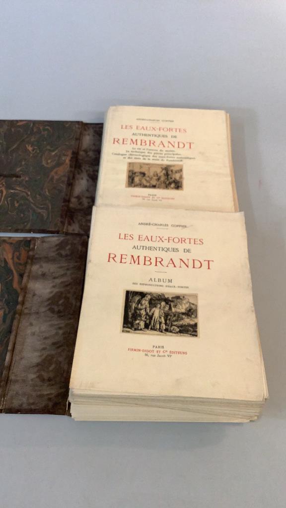 Les Eaux-Fortes Authentiques Rembrandt: 2 volumes, printed in Paris, 1-with approximately 130 prints, 2-prints plus , volume 1 has extensive damage to back cover and several of the prints, cased in portfolio binders some stains and curled
