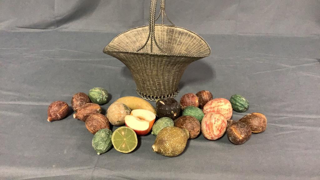 Collection of Stone Fruit: 22 Pieces, with wire fruit basket