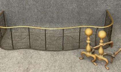 Pair Period Brass Andirons & Fender: Classical fender, wire work front, brass rim
