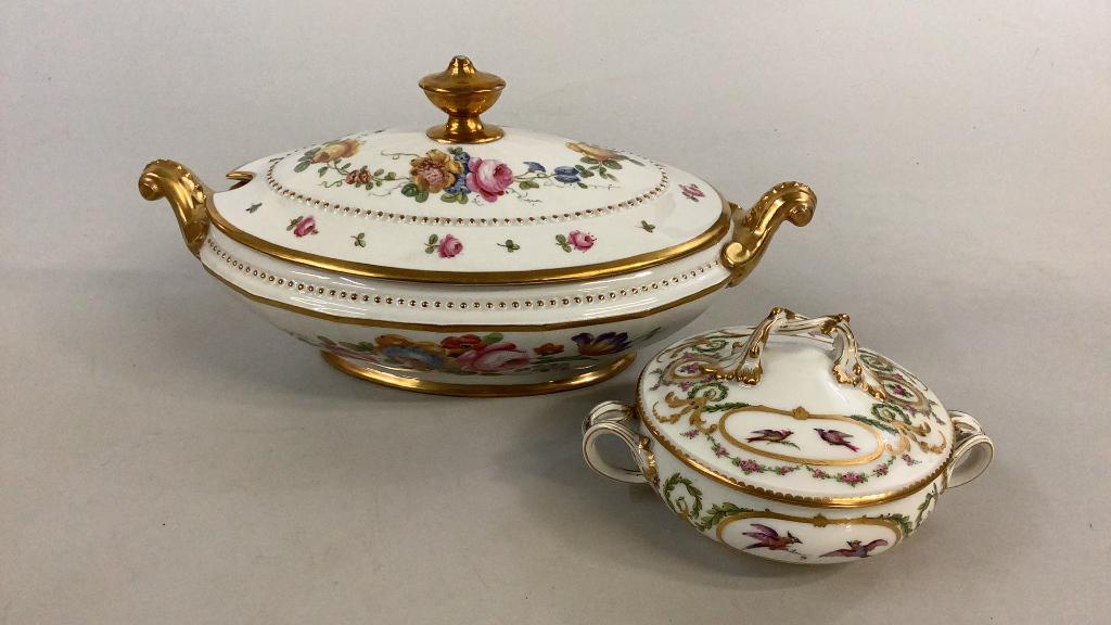 2 Sevres Porcelain: Large 14 inch Soup Tureen with gilt and roses, beaded trim, 8 inch lidded bowl, birds, foliate, gilded handle, both good condition