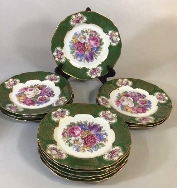 Set 12 Bavarian Floral Plates: 11 inch Tirschenreuth Bavarian Plates, floral bouquet on ivory, green banded