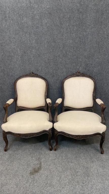 Pair Carved French Provincial Armchairs: Carved French open armchairs in my muslin fabric.