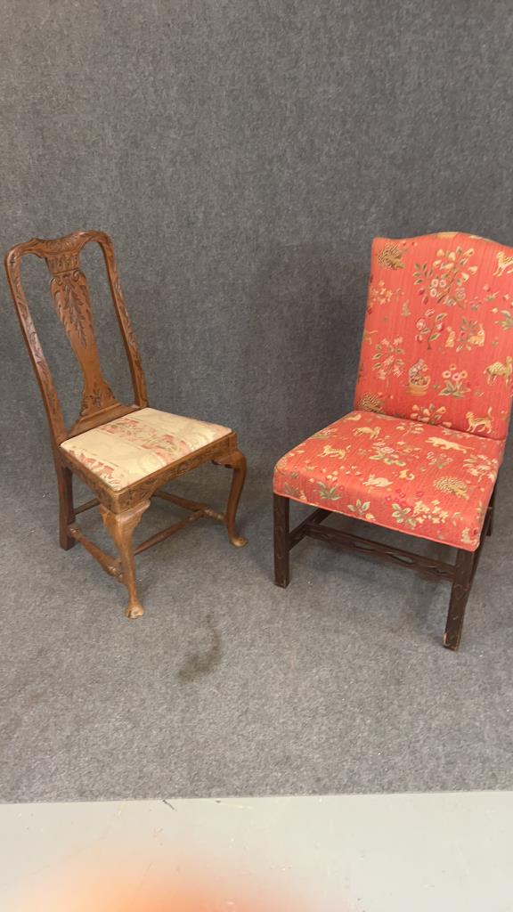 2 Period Side Chairs: 1 Carved Queen Anne, 1 Chinese Chippendale with Exotic Animal Upholstery