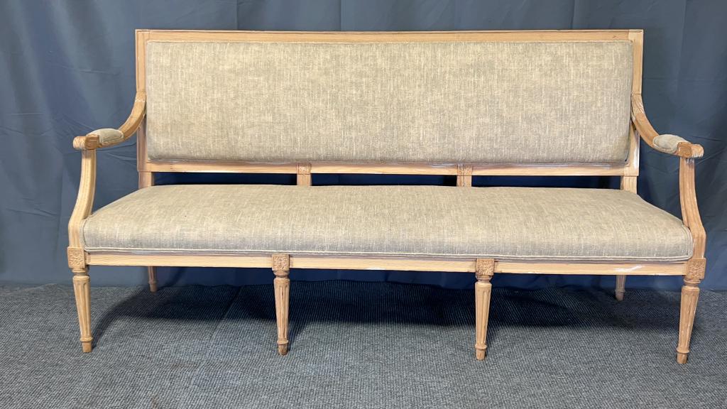 Carved Birch Gustavian Style Sofa: Recovered in muslin, fluted legs, open arms, 1910. 34 tall to back , 16 to seat, 55 wide x 21 deep
