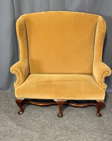 Centennial Diminutive Queen Anne Settee: Velvet upholstery , brass tacks, Mahogany frame, clean, sturdy, 35 tall to back, 15.5 to seat x 35 wide x 18 deep
