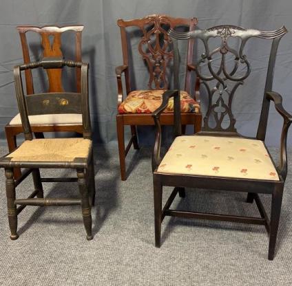 4 Assorted Antique & Vintage Child's Chairs: 1 Hitchcock style w rush seat 3 Chippendale style