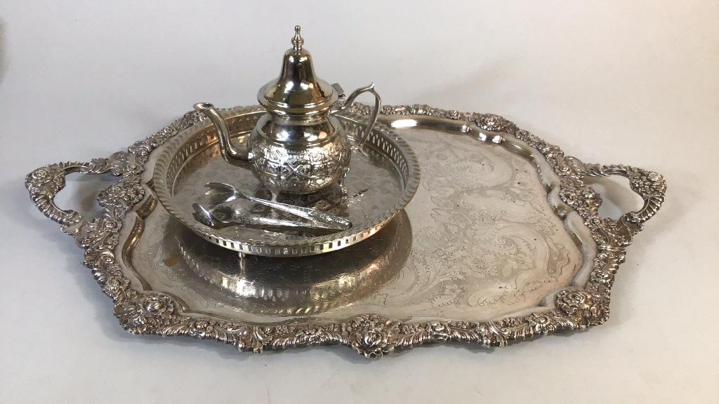 Barker Ellis Plated Tray, Persian Tray, Teapot: Large 27 inch double handle serving tray, heavy rosette border, round 12 inch footed tray, Persian stamp mark, similar design teapot, prelates tongs