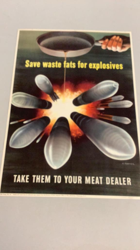 WWII Poster, SaveWaste Fats for Explosives: Take them to your meat Dealer, 1943 poster with Art by H. Koerner, #63, great colors, 16 x 22.5 inches, not displayed