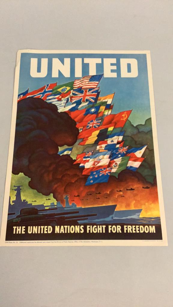 WWII United Nations Fight For Freedom Poster: 1943 Lithograph poster, artist Leslie Reagan, poster #79, issued by OWI, 20 x 28 inches, fold marks, no tears