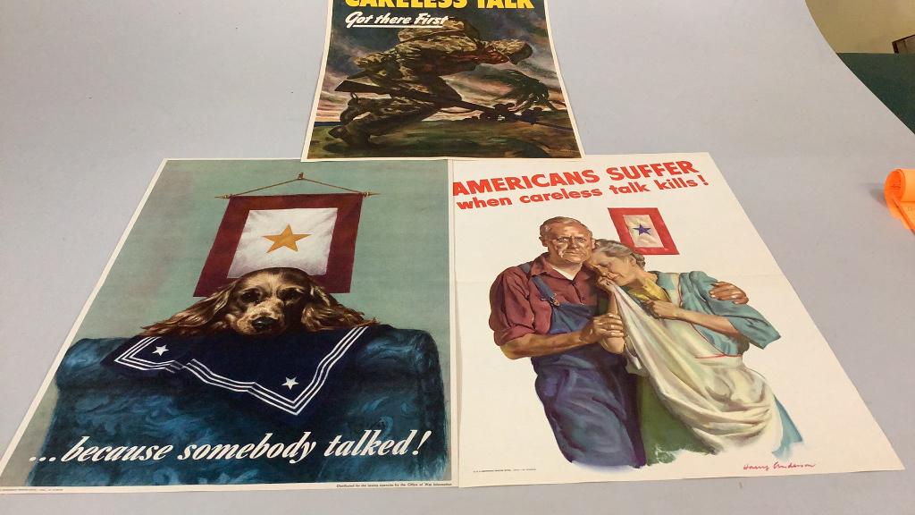 Three WWII Propaganda Posters: Urging Citizens to refrain from careless talk, 1-Couple with Blue Star Flag, Art by Harry Anderson, 1943,2-Careless Talk Got There First! Art by Ray Prahaska, wounded Soldier, 3-1944 , because somebod