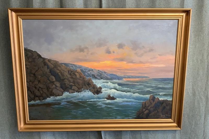 Coastal Landscape, Hugo Petersen: Line Item # 230 Danish, 1870-1959. Oil on canvas, partially obscured signature and 1950’s date lower right. Showing craggy coastline of Bornholm Island, Denmark at