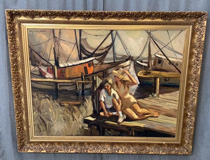 Children on the Dock, Dulce Beatriz: Cuban, b. 1931. Oil on plywood. Showing two figures at end of dock with moored boats behind. Signed Dulce H. de Beatriz upper left. Craquelure present, overall good condition. Carved gilded frame with