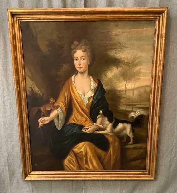 Portrait of a Woman, Oil on Canvas: Line Item # 5 Signed Maffu A lower left, seated woman with pet dog and squirrel, early 20th century, craquelure present, gold tone frame in good condition, sight 43H x 35W