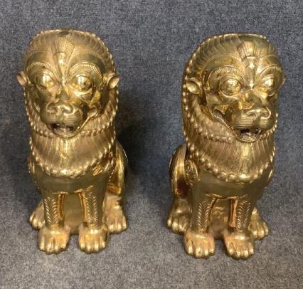 Pair of Large Chinese Export Brass Foo Dogs: Seated lions, hammered and incised details, each 23 inches tall, heavy, some tarnishing, great overall condition, lots of character
