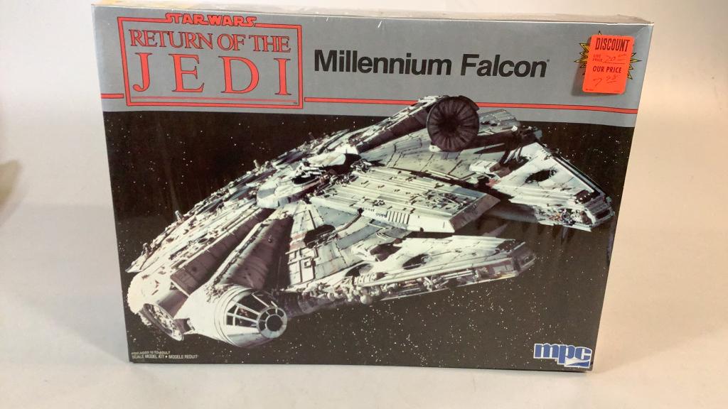 1983 Star Wars ROTJ Millenium Falcon: Scale Model Kit, NOS, never removed wrapped in cello, 19 x 15 inch box, retail stickers