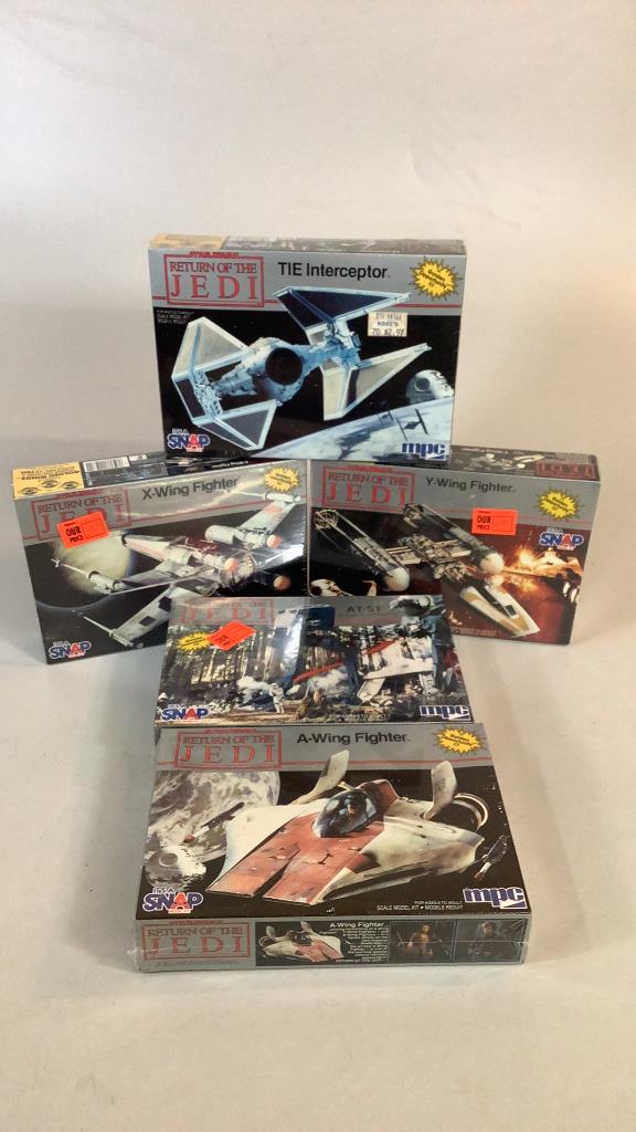 5 Return of Jedi Scale Model Kits: NOS 1983 made by MPC, in cello shrink wrap packages,