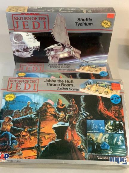 Three Pieces, Return of Jedi, Action Scenes,: Shuttle 2- Jaba the Hutt, Throne Room Action Scenes, 1983, Shuttle Tydirium Model, all NOS, shrink wrapped