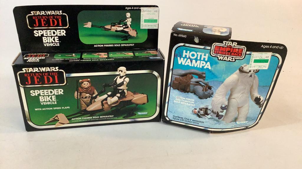 Star Wars ROTJ Speeder Bike, Empire Strikes Back: Hoth Wampa, NO 1981Hoth Wampa action figure made by Kenner, 1983 Star Wars ROTJ Speeder Bike Vehicle, both tape sealed packages , retail price stickers, crease and fold marks