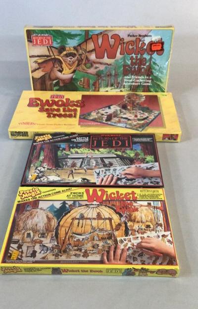 Star Wars ROTJ Games, Transfer Sets: Ewoks Saves the Trees, Board Game by Parker Bros., Wicket the Ewok Adventure Game , Ewoks at Home transfer set, Return of the Jedi transfer set, all NOS