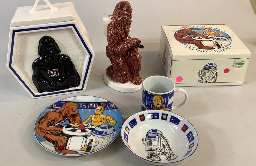Cookie Jar, Chewbacca Bank, 3 Piece Dinner Set: Sigma Darth Vader Cookie Jar, Chewbacca Figural Bank, Sigma 3 piece Childs Dinnerware set, plate, bowl, mug w/ box
