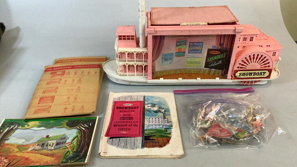 Remco Showboat Theater: Plastic showboat toy with stag, 4 Changable scenes plus characters, play wear, dust, storage grime