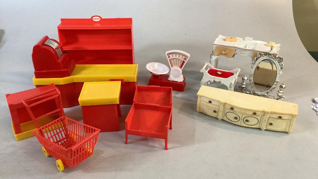 Vintage Plastic Toys, Amsco and Barbie: Barbie white vanity with mirror and stool, Marx plastic dresser, 8 piece Amsco plastic grocery shopping