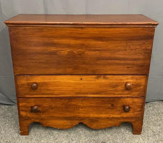 Two Drawer Pine Mule Chest: LIine Item # 124 Bracket feet, scalloped skirt, pine secondary, dovetailed drawers, refinished, wear commensurate with age, 40H x 44W x 18D