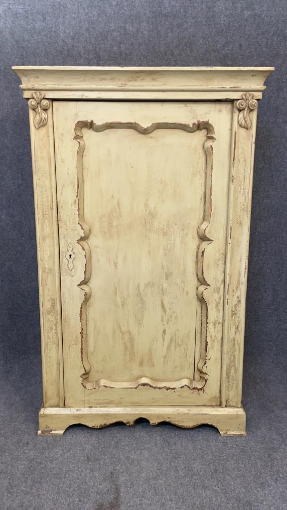 Scandinavian With Pine Armoire: Shaped panel door, carved accents, repainted, 67 inches tall x 42 inches wide x 20 inches deep