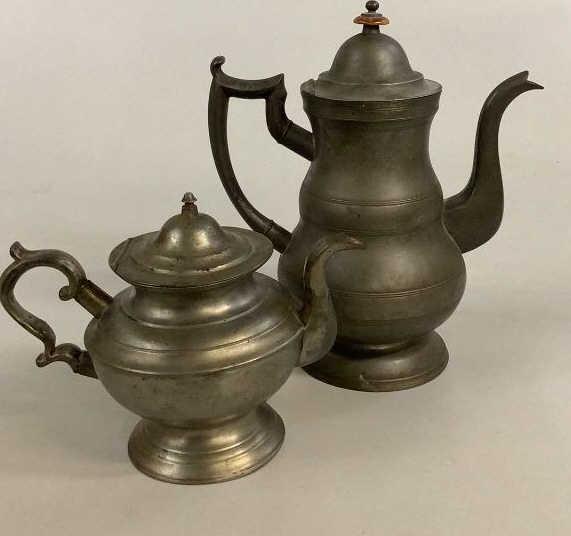 Pewter Tea Pot, Pewter Pitcher: Boardman marked pitcher/ pot circa 1830, 11.5 inches tall, with wood finial rim, Boardman tea pot #5 stamped with X and 5 and makers stamp, 7 x 10 x 6 inches, both in good condition