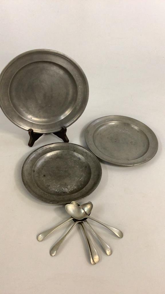 Pewter Plates, 6 Nickel Silverplate Spoons: David Melville 8 1/4 inch plate, paper tag reads Son in law of President of Harvard, died age 37, stamp marks, 2 Boardman plates 9 inch and 7 3/4 inches, both deep wells, raised rims, , set 6 NS 5 1/4