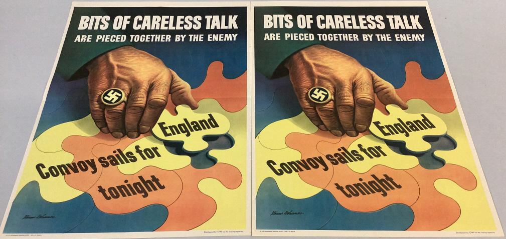 Two WWII Propaganda Posters, 1943: Bits of Careless Talk..artist Stevan Dohanos, with hand wearing a Swastika ring , 14 x 20 inches, great colors, original fold marks, issued by OWI