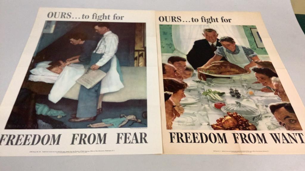Two WWII Norman Rockwell Freedom Posters: Freedom from Fear, Freedom from Want, these great posters were issued by OWI, dated 1943, each 20 x 28 inches, light fold marks, tonal stains to edges, no pin holes,or tape residue