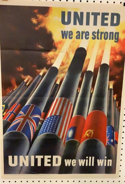 United We Are Strong WWII Poster: United We Will Win, US Allies Henry Koerner Lithograph poster, 1943, issued by OWI, # 64, 20 x 28 inches, full color, fold marks, no tears or pin holes
