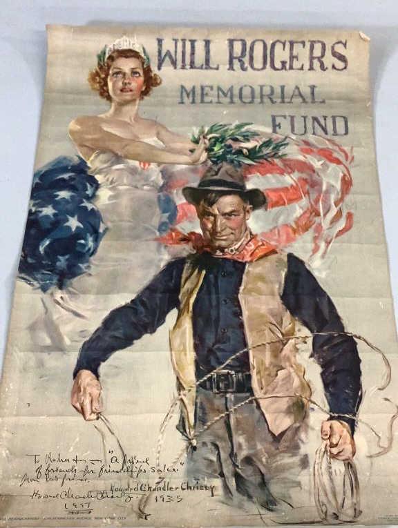 Howard Chandler Christy Signed Will Rogers Poster: Will Rogers Memorial Fund Poster, dated 1935, signed by Christy with inscription , lithograph by Tooker- Moore, NY, fold marks, soft corners, tear at left edge, 17 x 26 inches