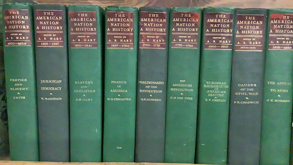 20 Volumes The American Nation, A History: Edited by AB Hart, Harpers edition, 1906, green boards, several with good maps, tonal stains to pages, gilt top edges