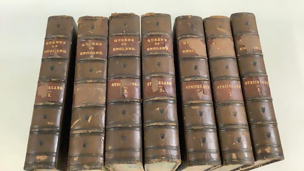 7 Volumes Queens of England, Strickland: 1864 first editions , Partial leather bounds, with marbled boards, loss to covers, some tonal staining , former owner names to fly pages