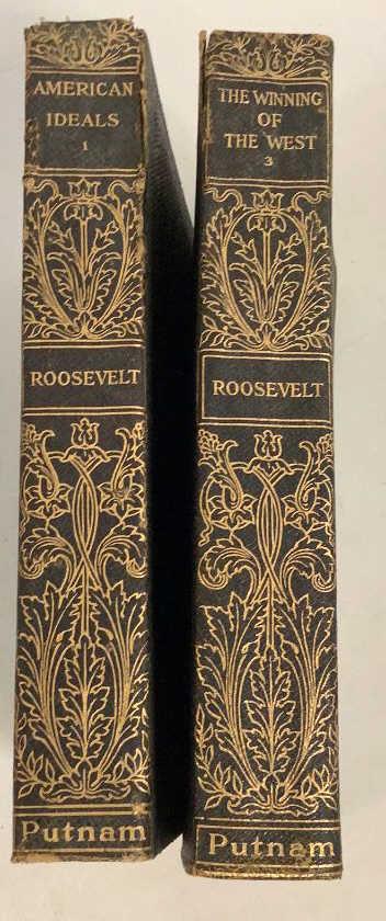 15 Volumes by Roosevelt: Winning of West, American Ideals, Hunting Trip of a Ranchman, others, most 1907 editions , soft covers, Putnam and Sons publishing, wear to covers, 5.5 x 8 inches, gilt title and inscription to cover,