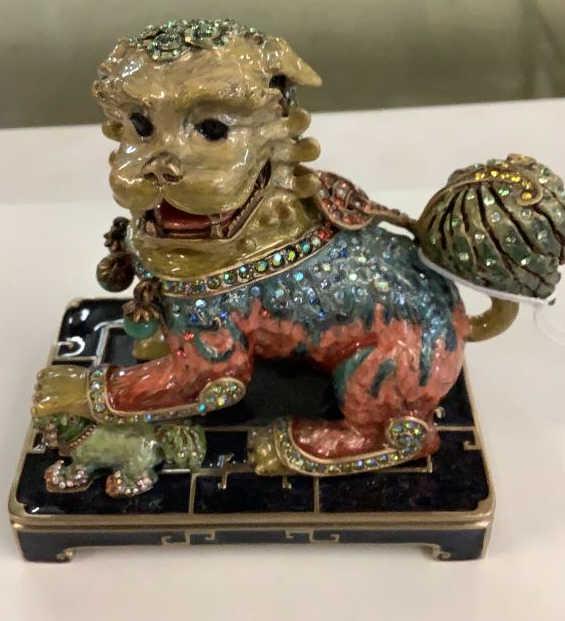 Jay Strongwater Fu Dog: Adino, limited edition #171/300, Chinoiserie enameled with multiple colors, with original box 4 1/4 x 5 x 3 inches,