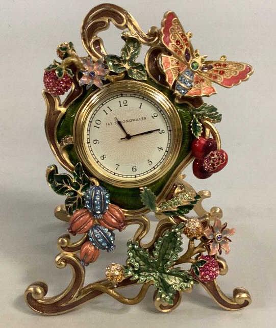 Jay Strongwater Table Clock: Easel back clock in enameled frame, butterfly and strawberries with set colored crystals 5 x 7 inches, name plate, ( clock working)