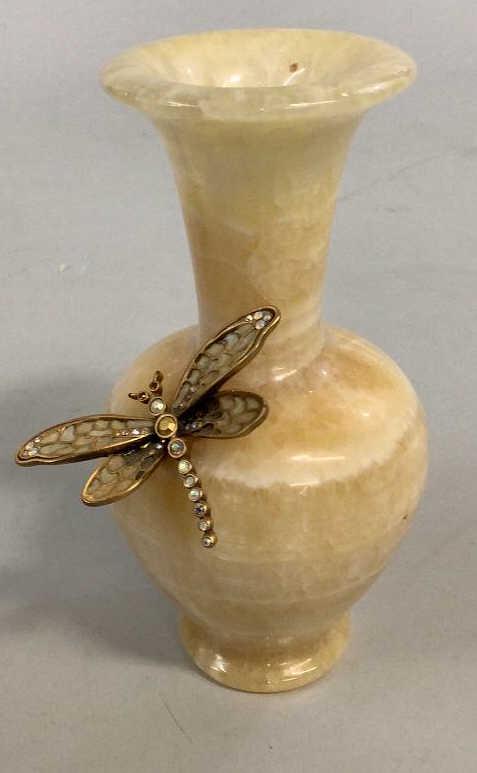Jay Strongwater Dragonfly on Alabaster Vase: 6 inch bud vase with dragonfly, set with Crystals , oval tag forStrongwater on base,