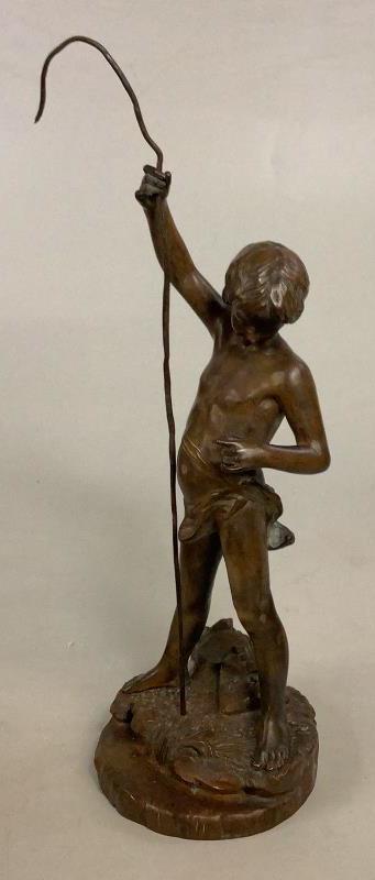 Antoine Bofil Cast Bronze Sculpture: Boy Fishing, 17.5 x 6hand, stamped on base A. Bofil With Foundry Mark, #8634 ( Spanish, 1894-1939), missing fish from left hand