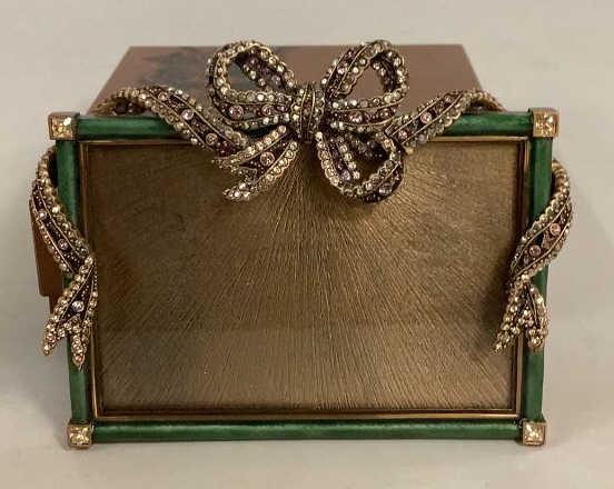 Jay Strongwater Pava Bow Frame: 5 x 7 inch frame, set with Swarovski Crystals, draping bow with a green enamel frame, with box