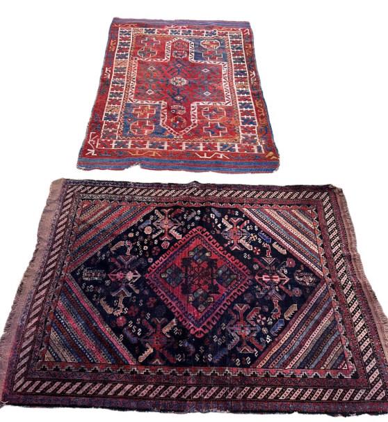 2 Vintage Turkish Throws: Kula style w black ground, red and blues, 66 x 46.5 Shirvan style, red ground w creams, blues and reds 72 x 46