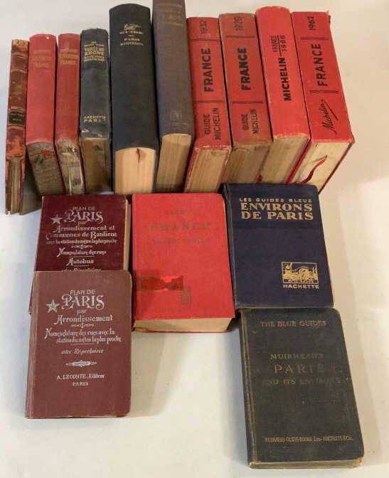 15 Vintage Travel Guides, France: Pullout maps in most: Nagels 1950 HB, 4 Michelin 1929,32,62,66.Hachettes 1928, Muirheads 1921, 2 Guide to Pairs, Baedekers Southern and Northern France * cover damages, tonal staining to pages