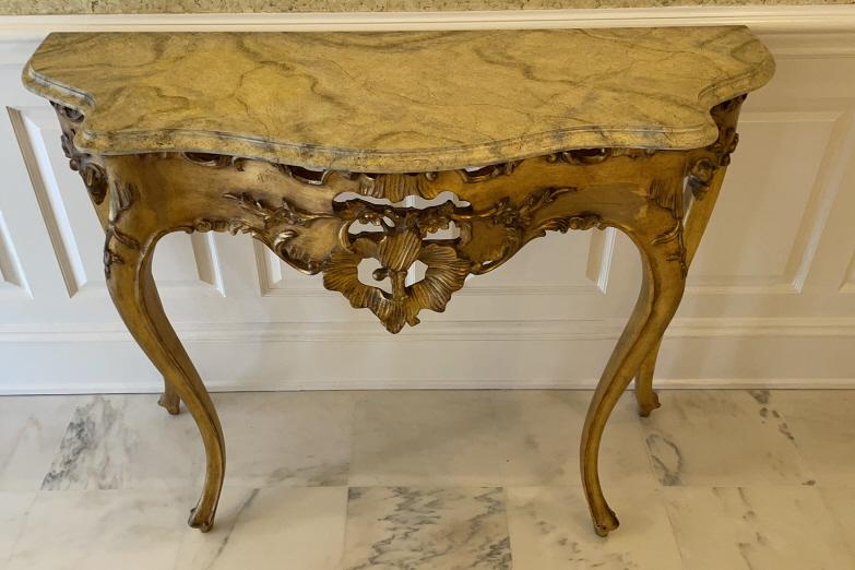 Rococo Style Console Table: Faux marble top, contemporary, 33H x 45W x 16D