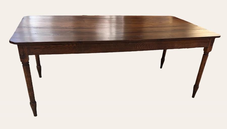 1930s Pine & Oak Farm Table: Turned legs with tulip feet, oak skirt with pine top, 29H x 72L x 36W