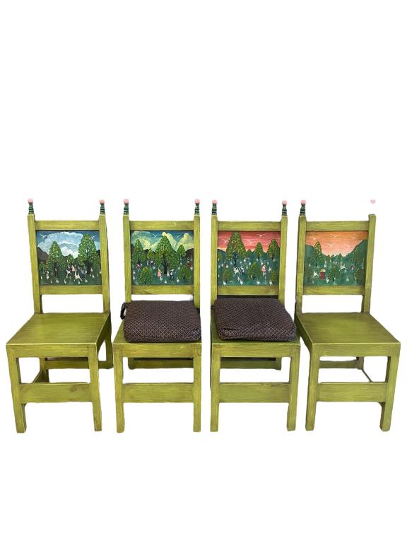Folk Art Painted Table & 5 Chairs: Rabbit herders painted by A Camilo. Good condition, study with pillows. Table measures 31T x 40W x 40D